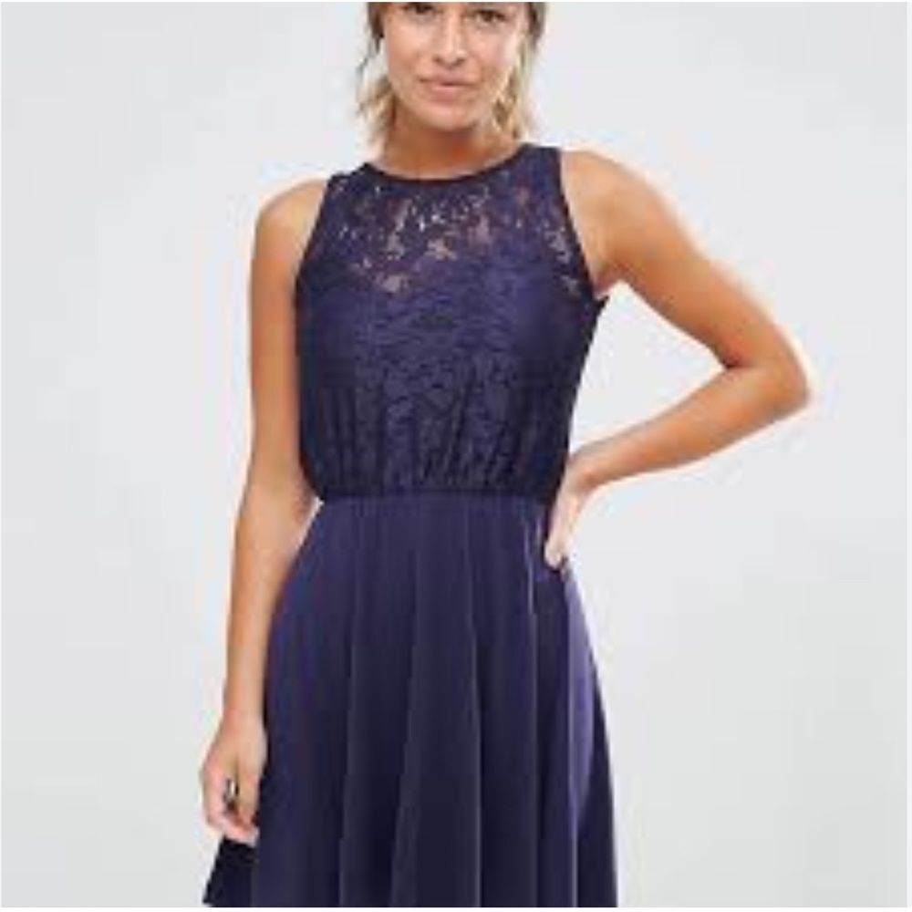 NWT ASOS Lace Blouson Top Pleated Skirt Sleeveless Blue Dress Open Back 14 Tall